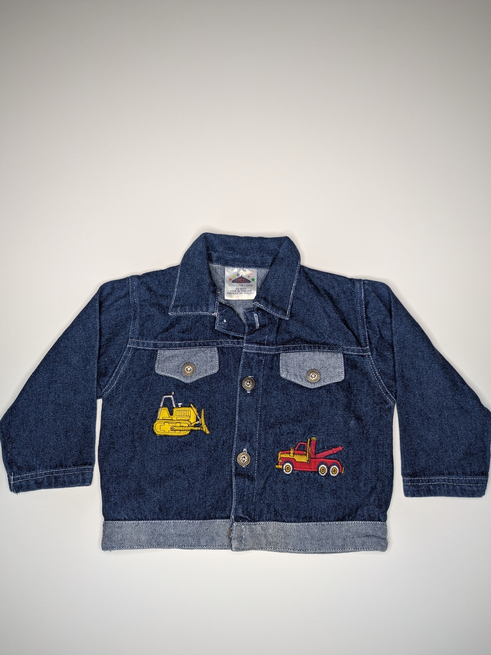 Navy Denim Jacket with Yellow Bulldozer & Red Tow Truck Patches